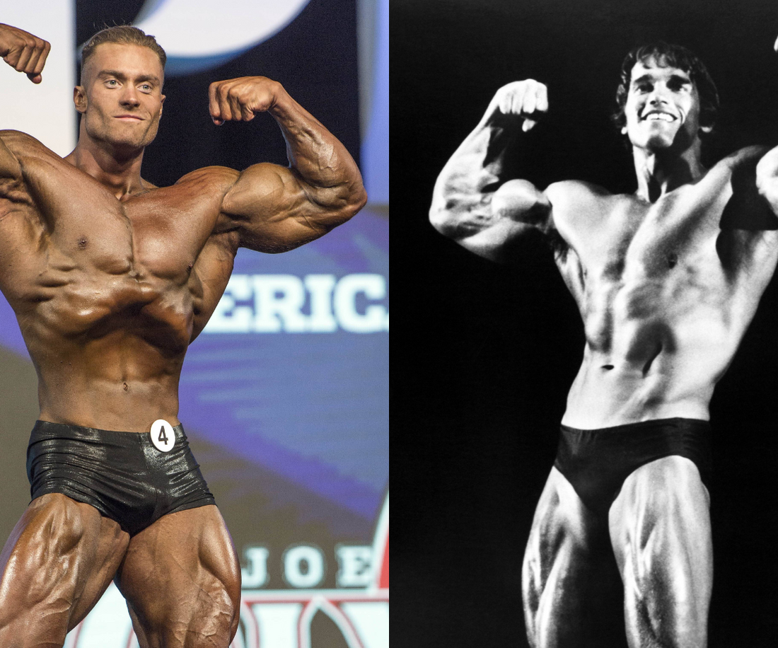 Side-by-side bodybuilding photo of Chris Bumstead in color and Arnold Schwarzenegger in black and white, both flexing their biceps.
