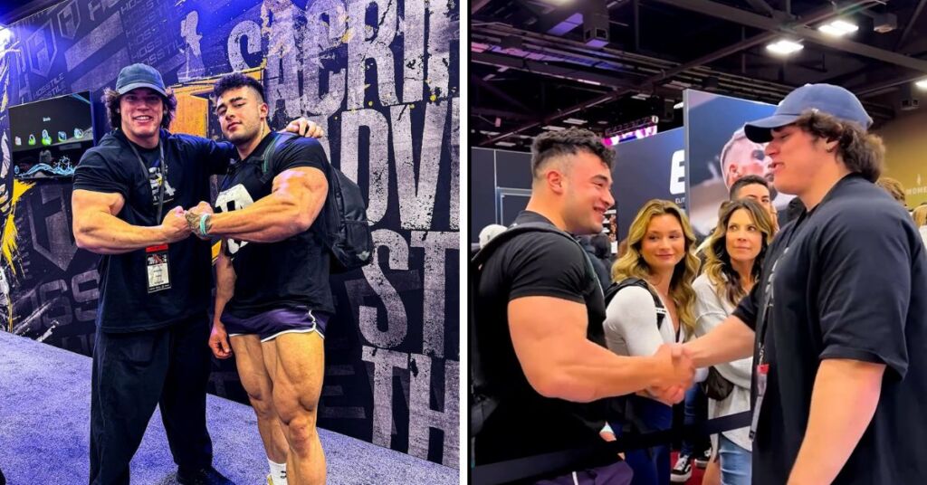 Sam Sulek shaking hands with a bodybuilding fan at a past fitness expo