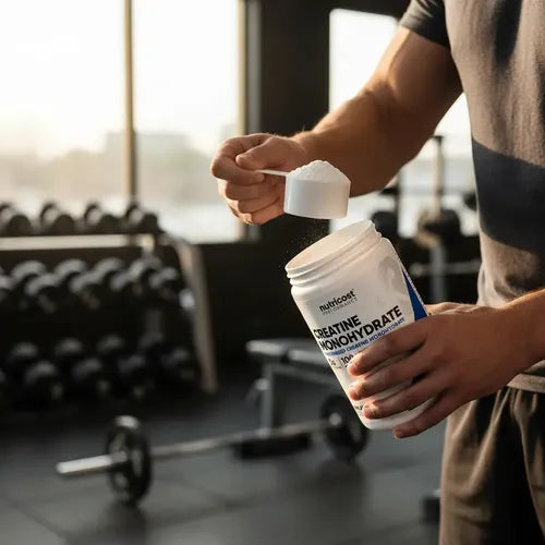 Middle-aged lifter measuring creatine monohydrate in a gym
