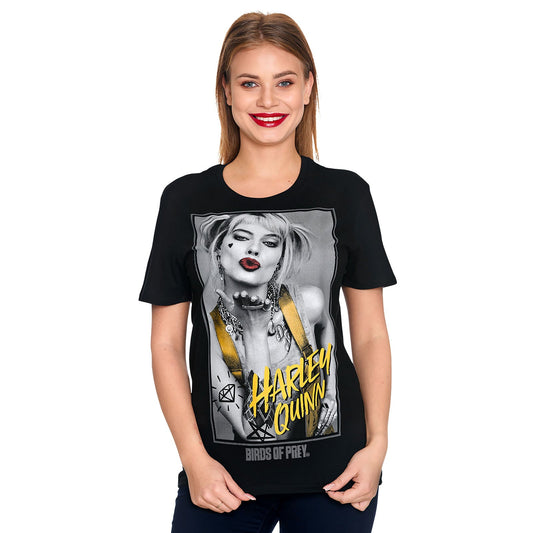 Harley Quinn graphic printed on a black short-sleeve T-shirt worn by a model