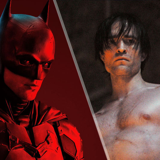 Robert Pattinson as Batman in red-lit armor beside a shirtless film still showing lean upper-body muscle