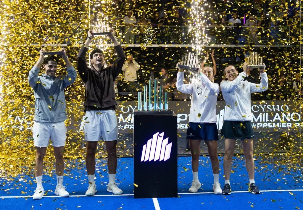 Agustín Tapia and Arturo Coello celebrate their Milan P1 title alongside the women's champions