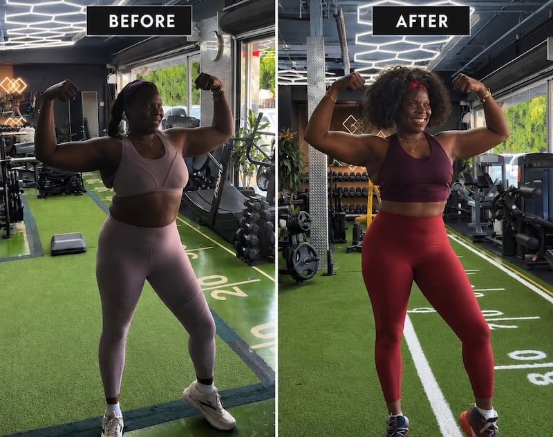 Side-by-side gym photographs of Leslie Jones flexing in gray and burgundy workout sets
