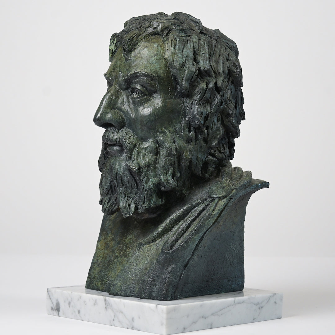 Epictetus statue beside a barbell representing Stoic discipline and controlled training
