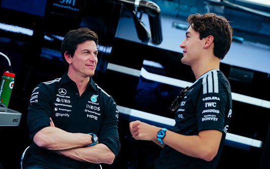 Toto Wolff and George Russell in Mercedes team clothing during the 2026 season