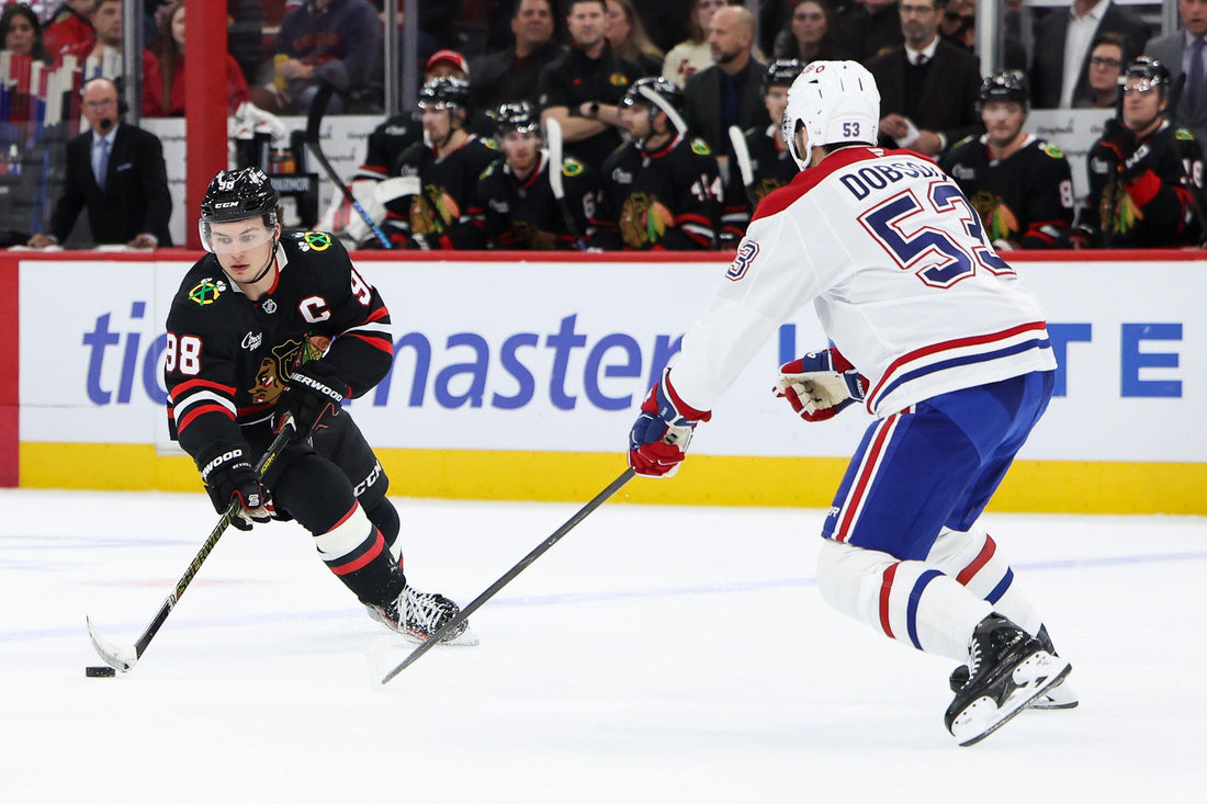 Connor Bedard carries the puck for Chicago against Montreal on October 23, 2026