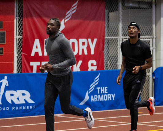 Athletes running on the indoor track at The Armory in New York, venue for the upcoming Super Age Games