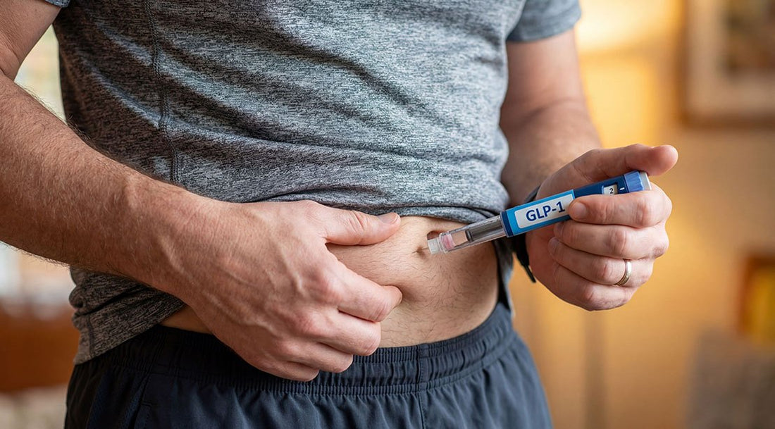 Adult man using a GLP-1 injection pen, illustrating medical weight management