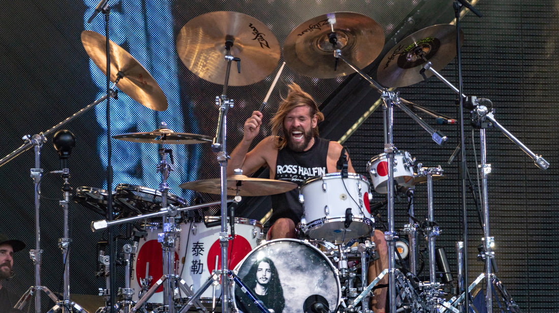 Taylor Hawkins drumming with Foo Fighters during an explosive live performance