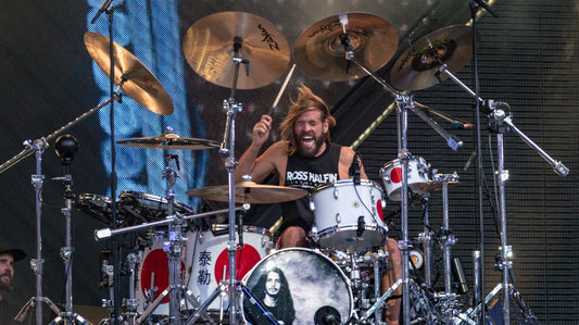 Taylor Hawkins drumming with Foo Fighters during an explosive live performance