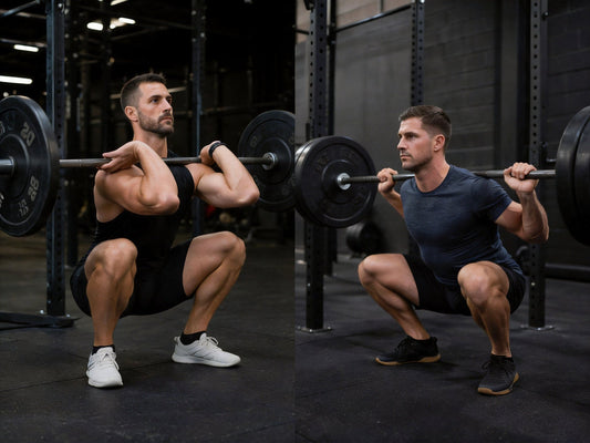 Two athletes demonstrating front and back barbell squats side by side in a gym