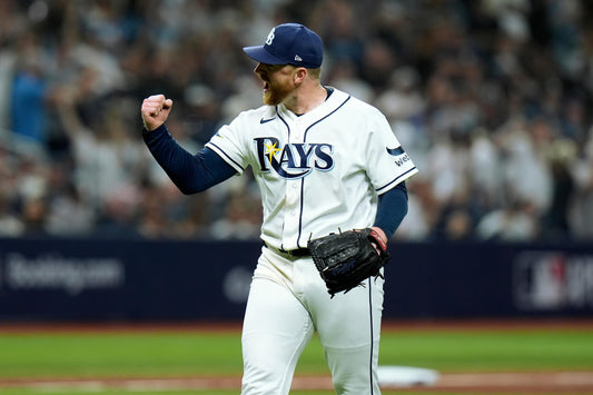 Drew Rasmussen celebrating in a Tampa Bay Rays uniform during the 2026 ALDS