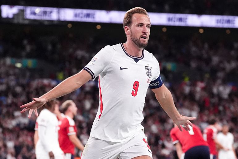 Harry Kane celebrating for England against Czechia at Wembley