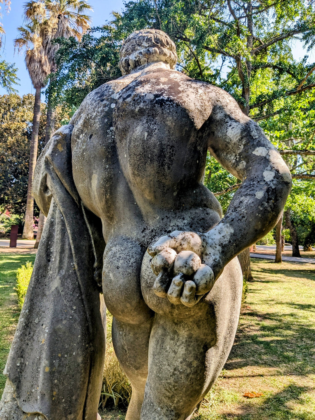 Rear view of a muscular marble Farnese Hercules sculpture showing sculpted shoulders, lats and upper back.
