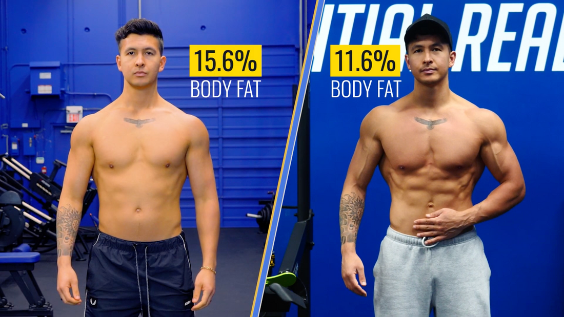 Jeremy Ethier pictured before and after a measured 60-day fat-loss phase in a Built With Science gym