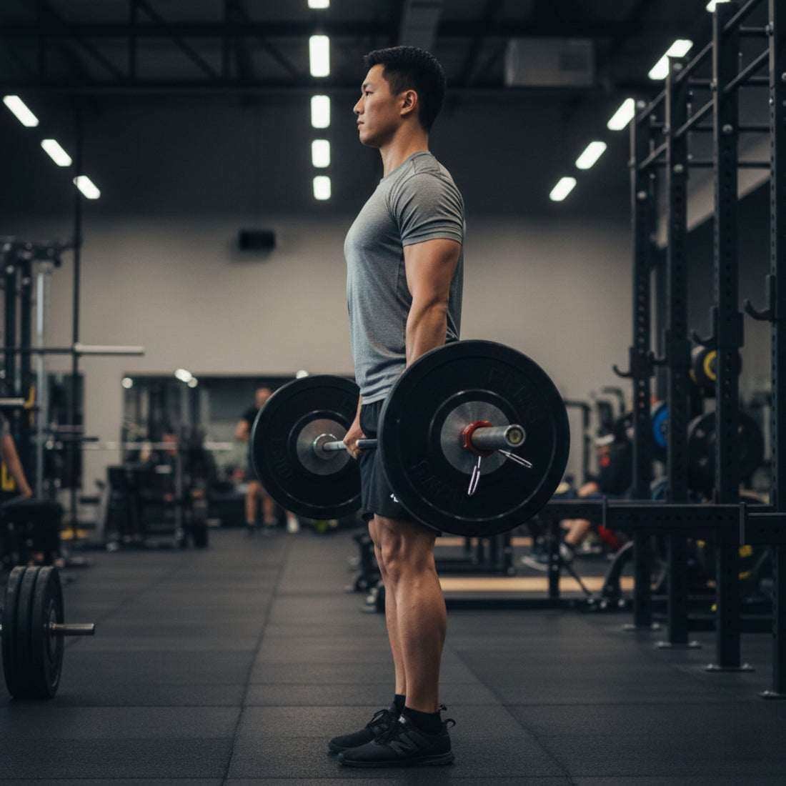 A lifter standing at the top of a conventional barbell deadlift in a gym