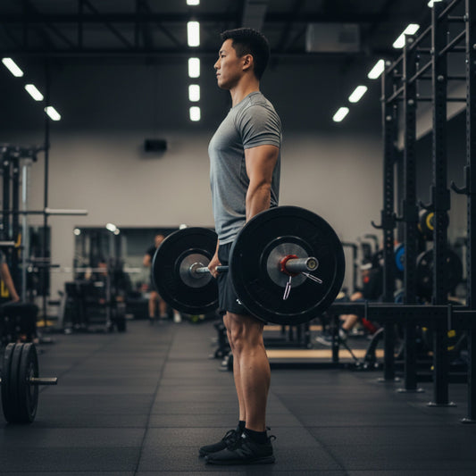 A lifter standing at the top of a conventional barbell deadlift in a gym