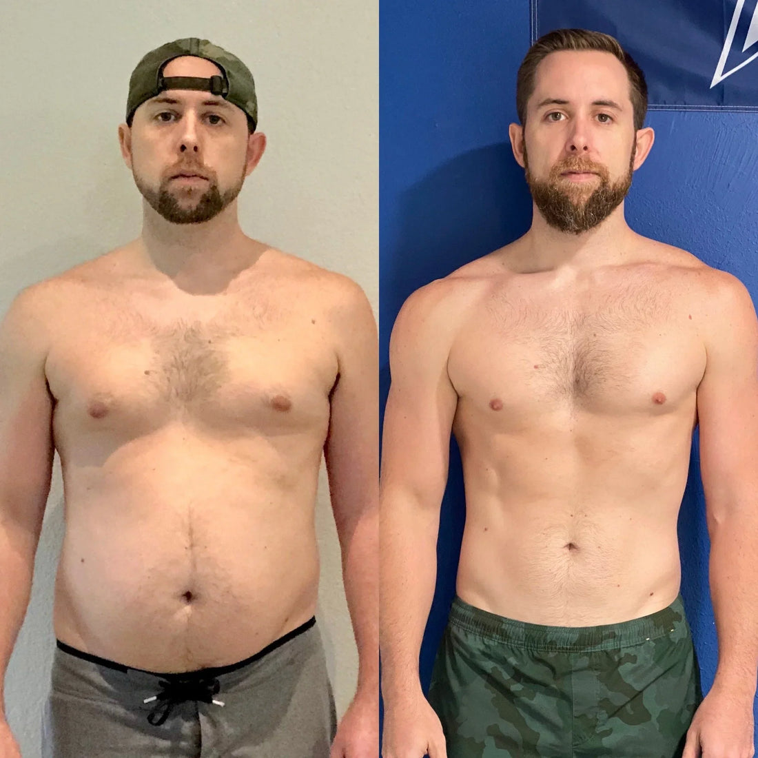 Same man photographed before and after a body-composition change, showing a smaller waist and improved muscular definition