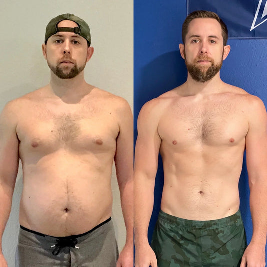 Same man photographed before and after a body-composition change, showing a smaller waist and improved muscular definition
