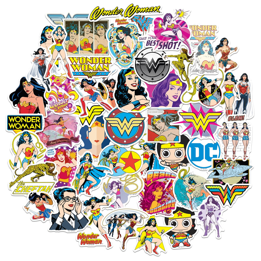 Assorted Wonder Woman comic-style vinyl stickers with recognizable Amazon heroine artwork and emblems