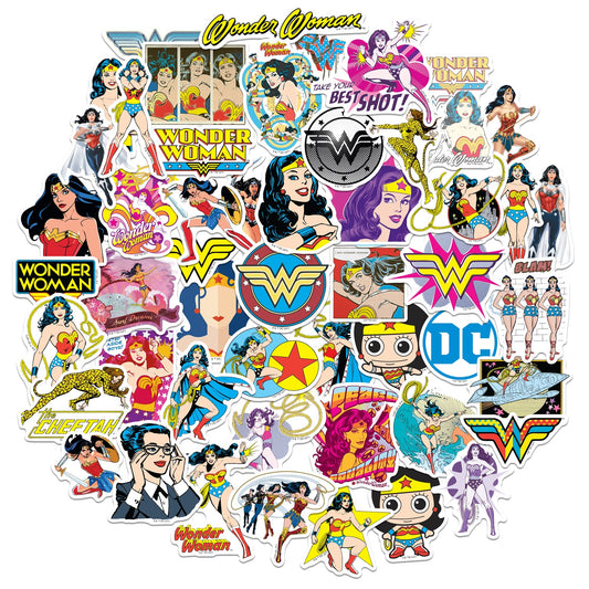 Assorted Wonder Woman comic-style vinyl stickers with recognizable Amazon heroine artwork and emblems