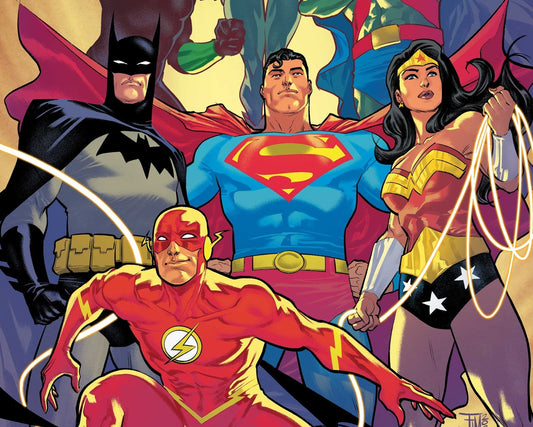 Justice League team artwork featuring Superman, Batman, Wonder Woman and the Flash together