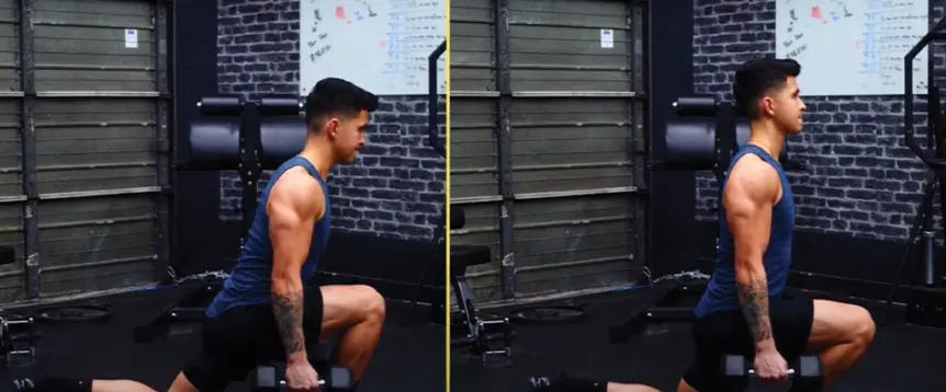 Jeremy Ethier demonstrating a dumbbell lunge in two side-by-side gym photos