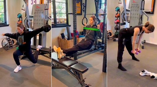 Jessica Biel demonstrating ring-based and dumbbell strength exercises in a home gym