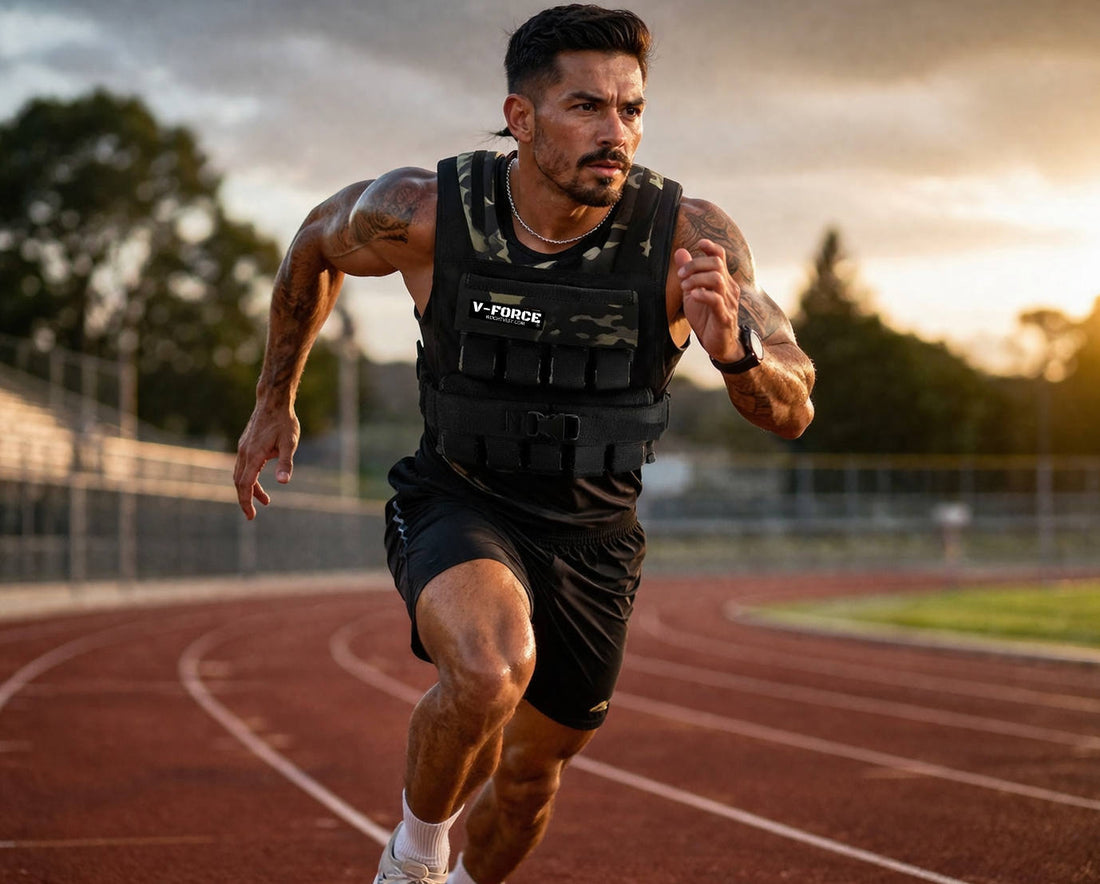 Athlete training in a weighted vest during a full-body conditioning session
