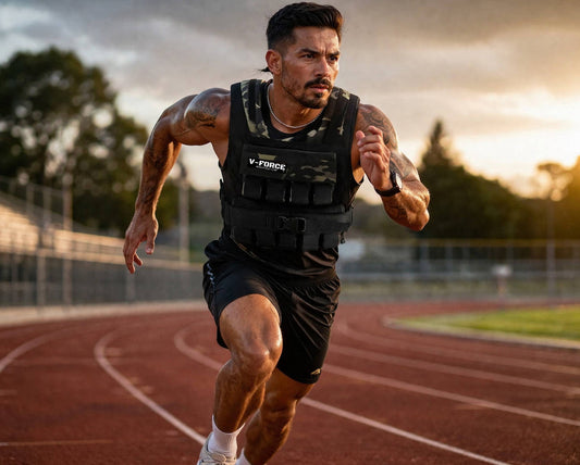 Athlete training in a weighted vest during a full-body conditioning session