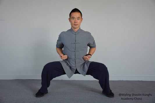 Shaolin kung fu instructor demonstrating a deep Ma Bu horse stance with wide feet and bent knees