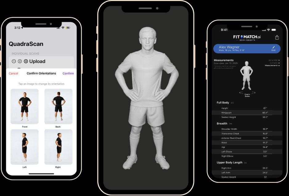 An athlete being scanned beside a Fitmatch 3D body measurement smartphone interface