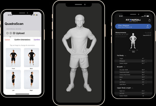 An athlete being scanned beside a Fitmatch 3D body measurement smartphone interface