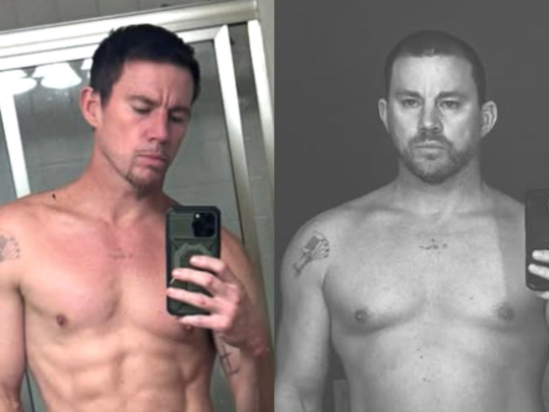 Channing Tatum's physique transformation comparison, from fuller 235-pound film-role build to leaner shirtless mirror selfie