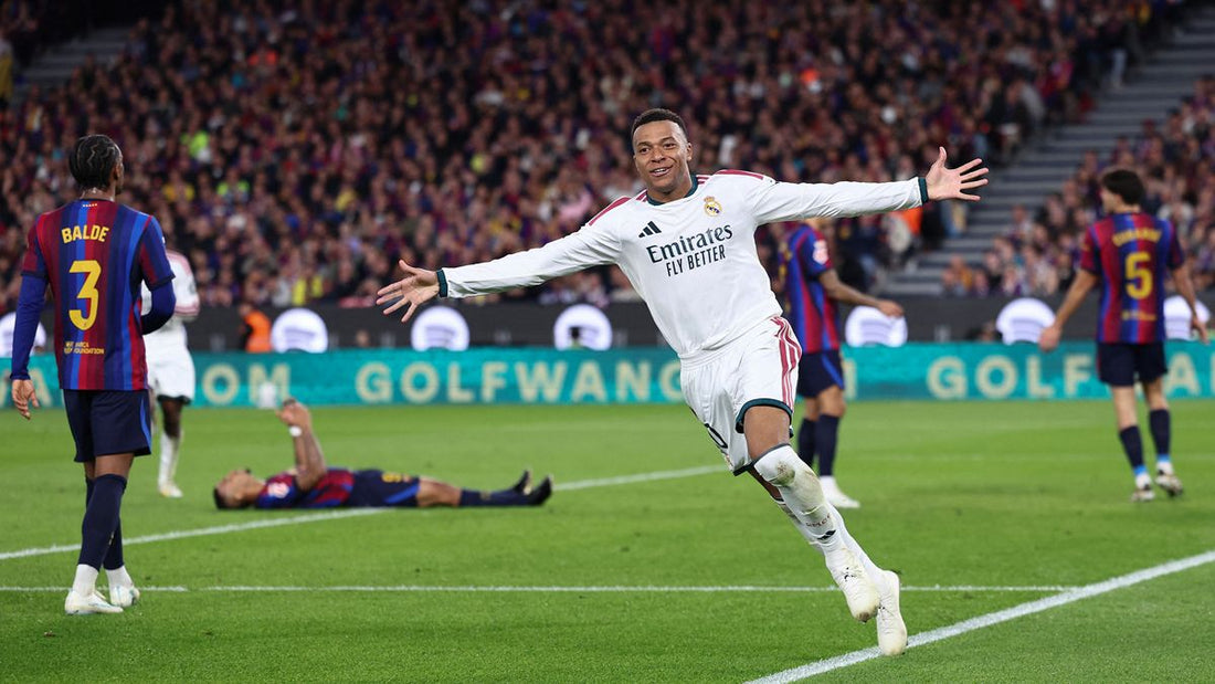 Kylian Mbappe celebrates for Real Madrid at Camp Nou during the October 25 2026 El Clasico
