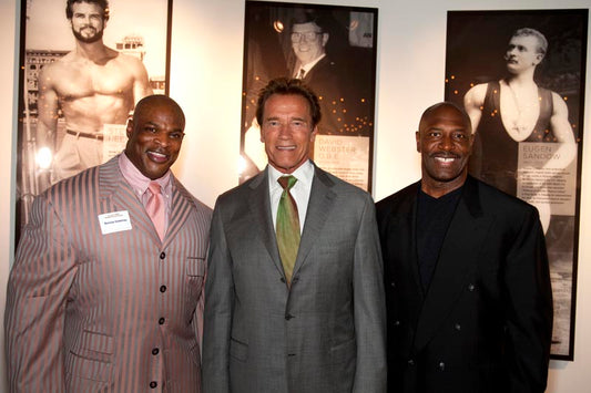 Ronnie Coleman, Arnold Schwarzenegger and Lee Haney together at a bodybuilding history event