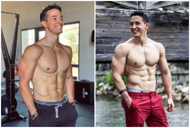 Two photos of Tibo InShape showing his muscular chest, shoulders and abs