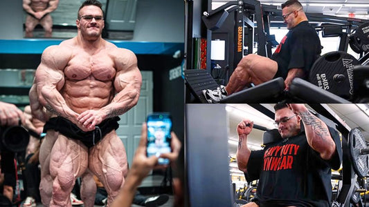 Nick Walker posing and training his legs in a three-photo collage
