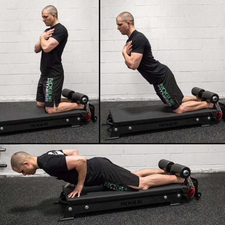 An athlete demonstrates the three phases of a Nordic hamstring curl on a padded bench with ankles anchored