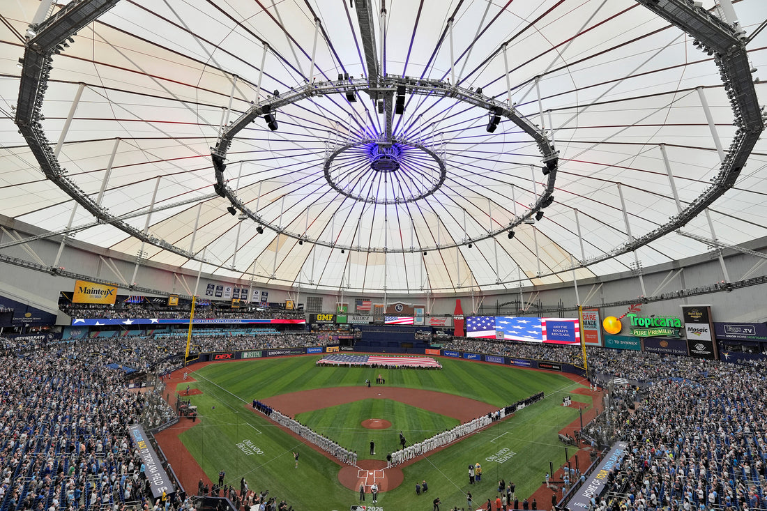 Tropicana Field's repaired roof over the Rays' baseball field during their 2026 homecoming