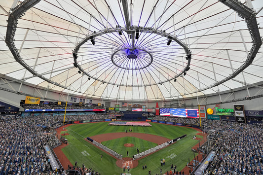 Tropicana Field's repaired roof over the Rays' baseball field during their 2026 homecoming