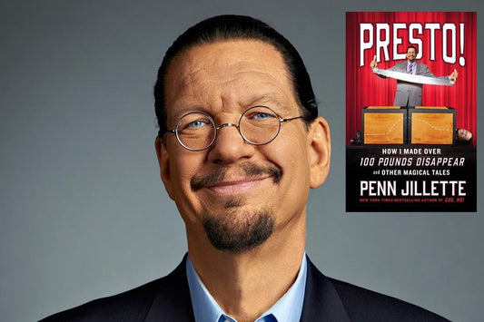 Penn Jillette portrait alongside the cover of his Presto memoir about losing over 100 pounds