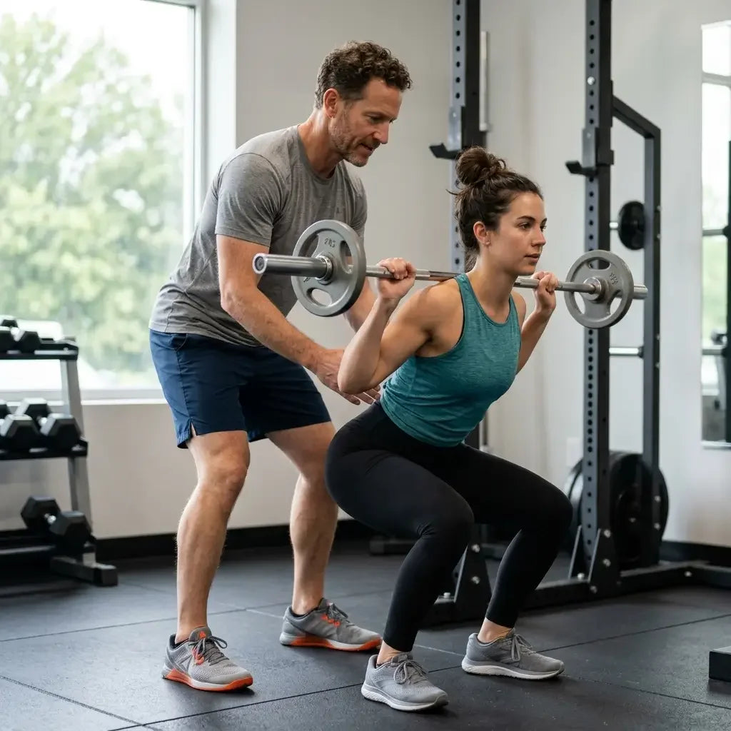 A trainer spotting a woman performing a barbell back squat in a gym