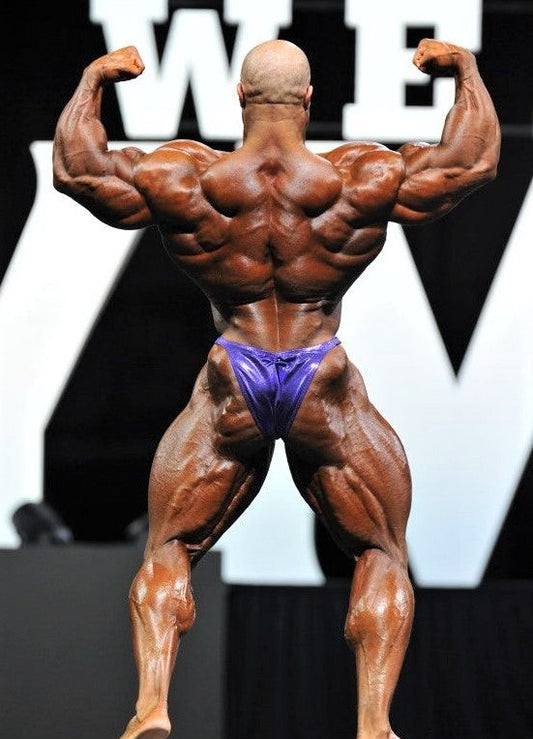 Phil Heath performing a rear double-biceps pose at the 2017 Mr. Olympia, showing defined lats, traps and lower-back detail