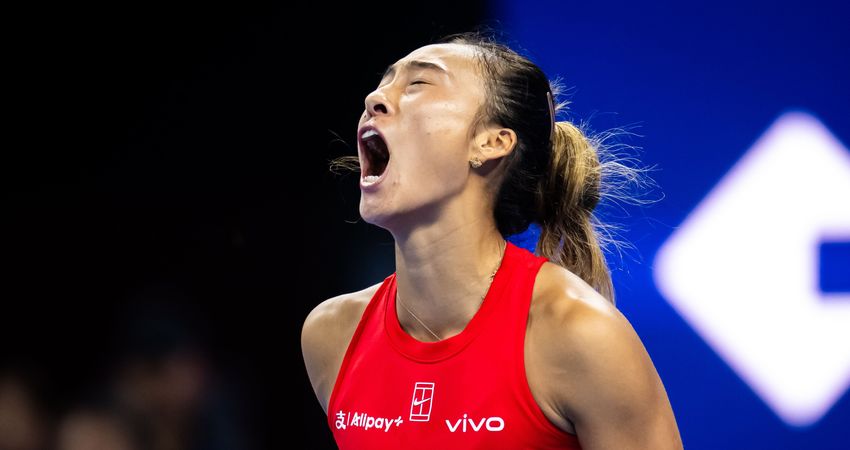 Zheng Qinwen celebrates at the 2026 China Open in Beijing