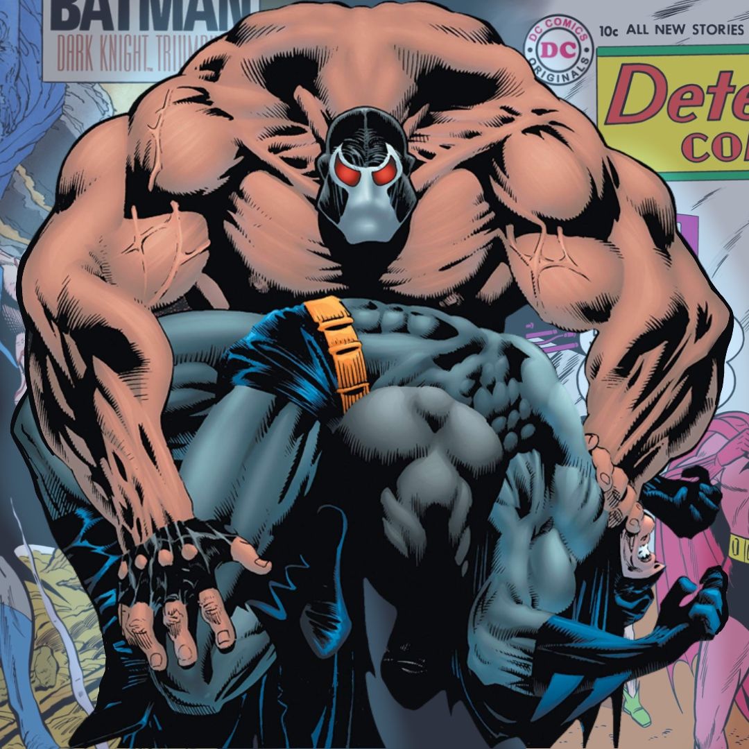Masked comic-book villain Bane overpowering Batman in a dramatic illustration