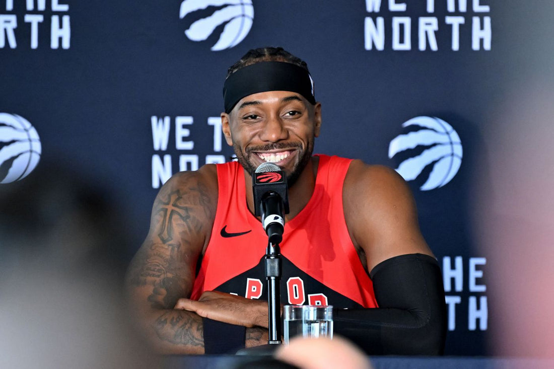 Kawhi Leonard in the Toronto Raptors' red jersey at the team's September 2026 media day
