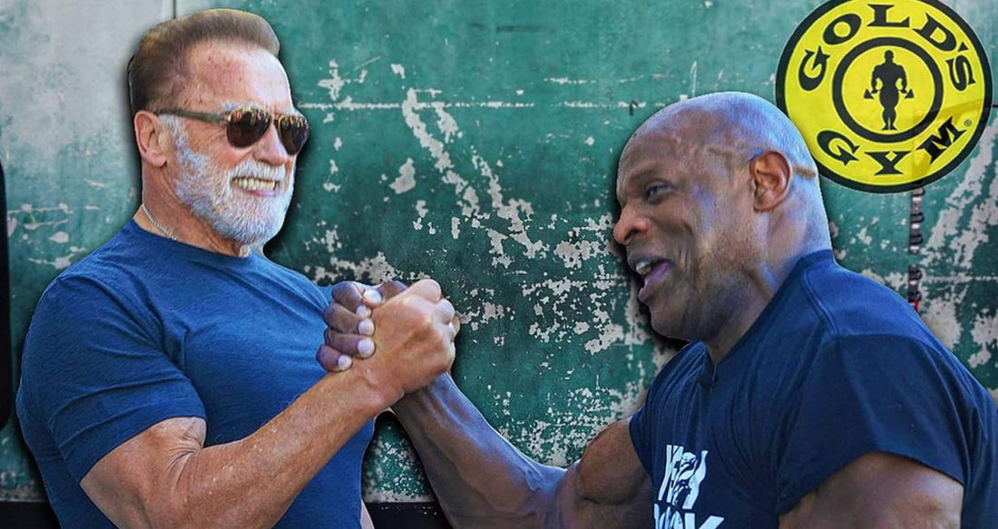 Comparison of prime Arnold Schwarzenegger and Ronnie Coleman bodybuilding physiques in classic double-biceps poses