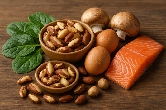 Selenium-rich foods including fish, eggs and Brazil nuts arranged on a wooden table