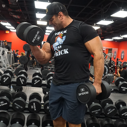 Eric Bugenhagen bringing exaggerated energy and humor to a hard gym session